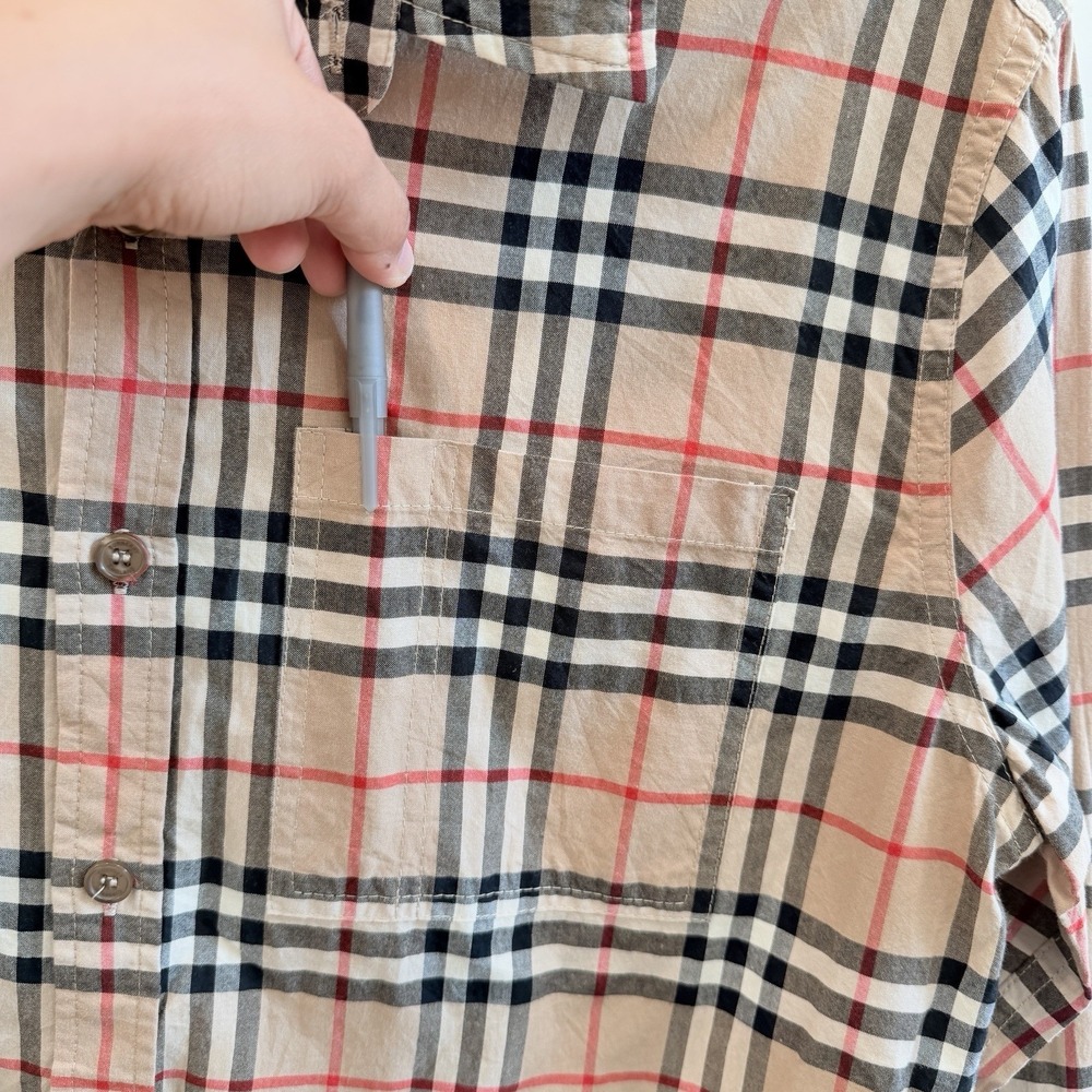 Burberry London England Check Logo Print Button Shirt Beige Men's Large - Picture 4 of 15